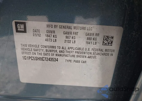 2012 Chevrolet Cruze Ls из США, поврежденный, VIN 1G1PC5SH8C7243534